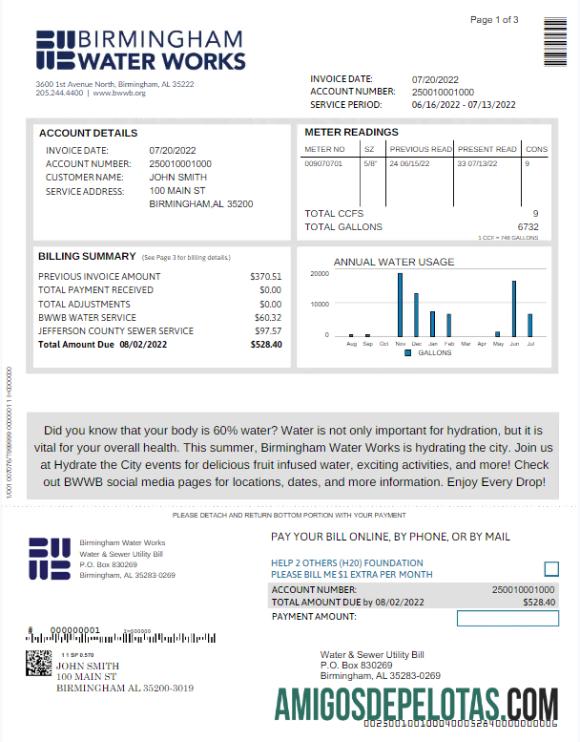 Para baxiar REINO UNIDO BIRMINGHAM WATER Conta de serviços públicos Word e modelo PDF